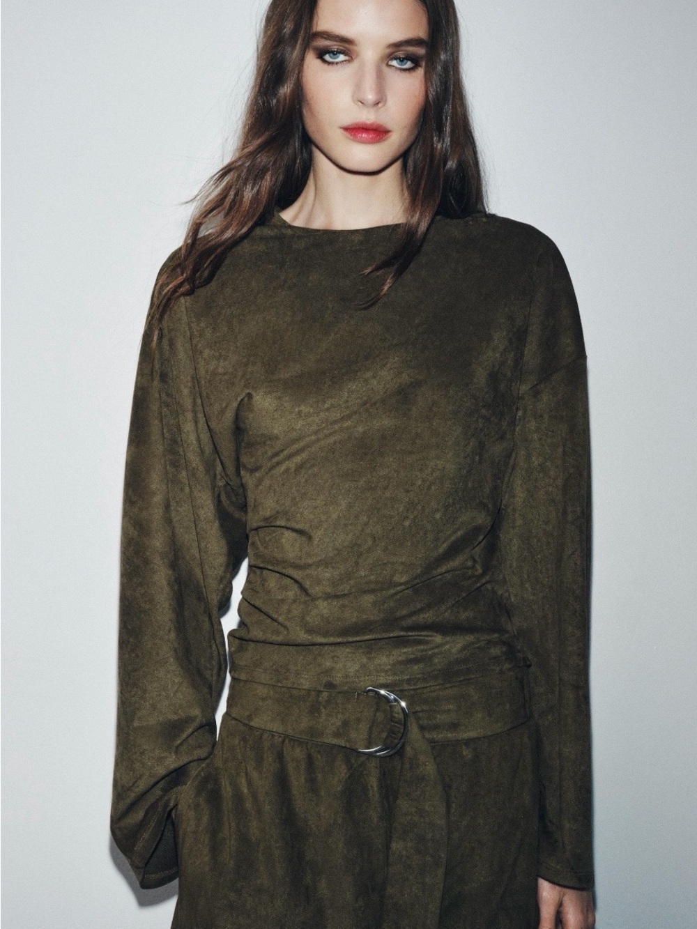 Zara Dark Green Draped Faux Suede Two-Piece Matching Set